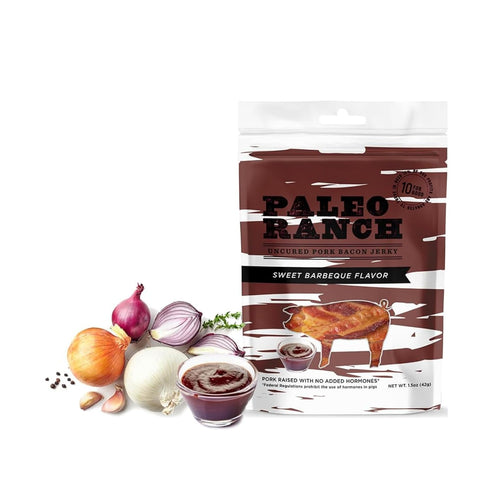 1.5-oz. (Pack 4) PALEO RANCH Uncured Bacon Jerky, Sweet BBQ, No Added Hormones, No Preservatives, Pouches