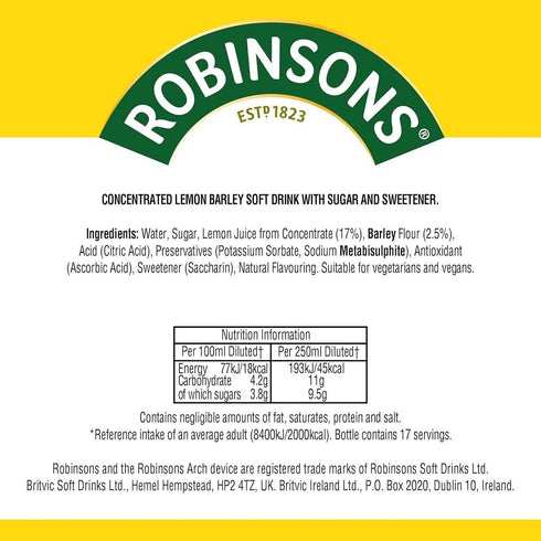 Robinsons 850ml (Pack 3) Water Lemon Barley