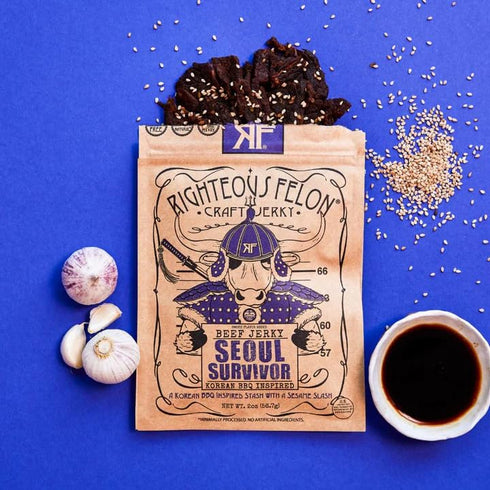 2 Pack 3 Righteous Felon Beef Jerky - Seoul Survivor Jerky - Gluten-Free Snacks - All-Natural, Locally Sourced & Dried