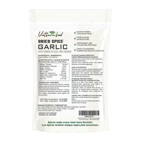 2.47 Oz (70g) DRIED GARLIC CLOVES VIETFARMFOOD: Pure, natural freeze-dried spice made from real vegetables and fruits
