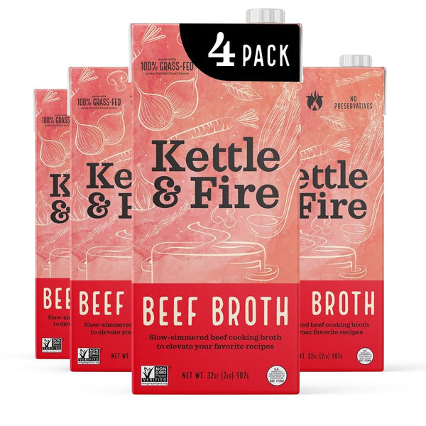 Kettle and Fire Beef Cooking Broth, Keto, Paleo, Gluten Free, High Protein & Collagen, 4 Pack (32 Ounces)