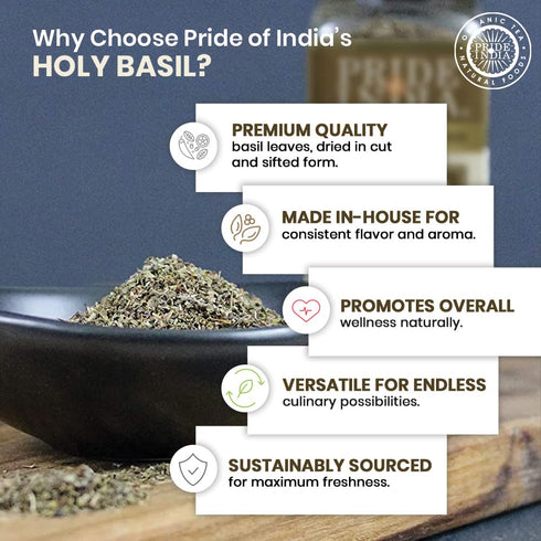 0.5 oz. Pride of India Sweet Holy Basil Leaf Indian Tulsi Leaf Cut & Sifted Gourmet Herb Rich in Nutrients Ocimum