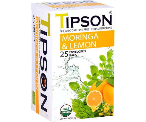 Tipson Organic Moringa Caffeine Free Herbal Tea, Lemon Flavor, 25 Premium Double Chambered Bags