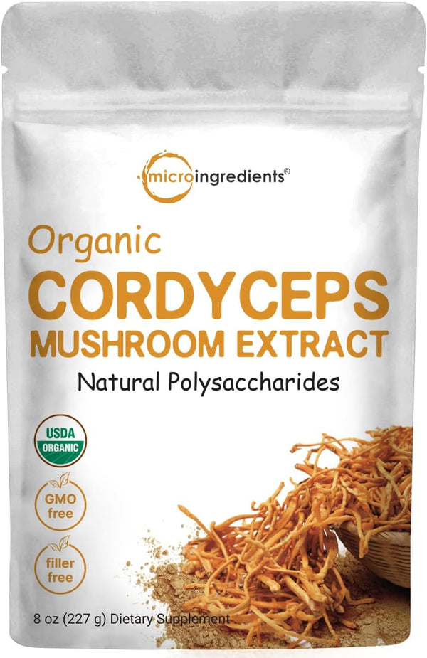Organic Cordyceps Mushroom Extract Powder, 8 Ounces | 100:1 Fruit Body &