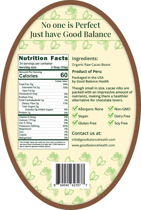 12 Good Balance Health Raw Cacao Nibs, Chocolate Chip Alternative, Perfect for Baking, Smoothies, Plant-Based, Organic