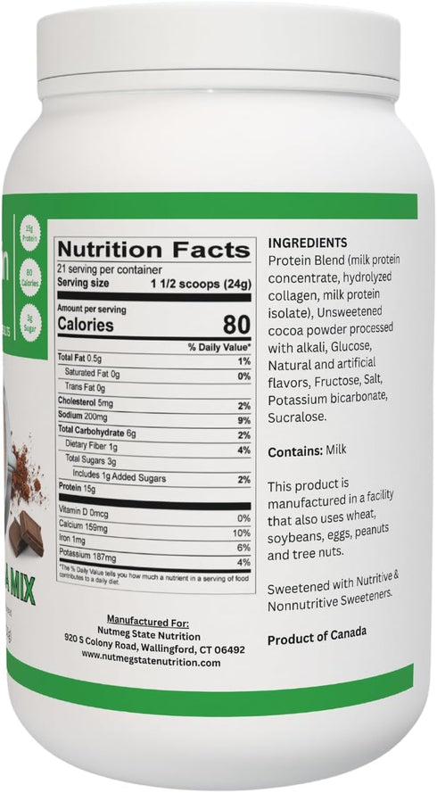 15g 80 3g 21 17.6 Nutmeg State Nutrition - High Protein Hot Cocoa Mix, Low Calorie Hot Chocolate Protein Drink