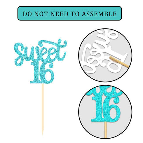 24 Pcs Sweet 16 Blue Glitter Birthday Cupcake Toppers for 16th Birthday Party Decorations