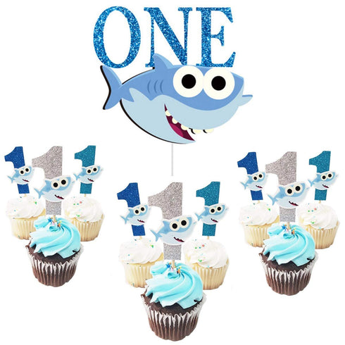 TUDACVTE ONE 1st Birthday Cake Topper with Cupcake Toppers, Shark for Boy Baby Shower Party Supplies