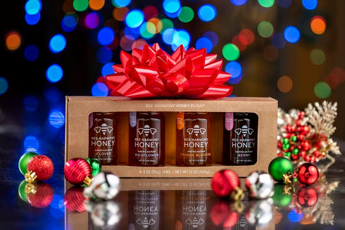 Set, 4 3 OZ Bee Harmony Classic Honey Flight, Mini Honey Gift Jars, Each, Premium, Raw, Made in the USA