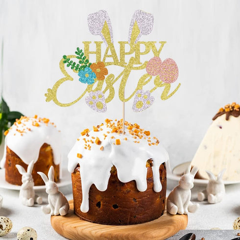 Kaoenla Gold Glitter Happy Easter Cake Topper - Bunny Easter Egg Decor, Spring Floral Easter Party Decorations Supplies