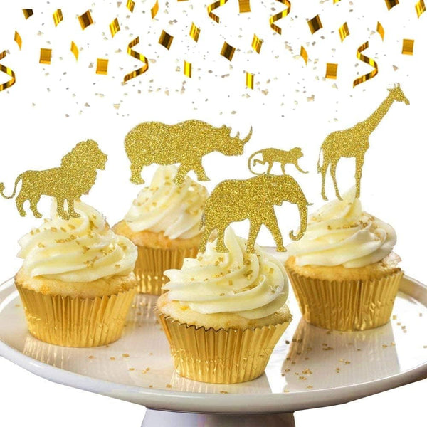JeVenis 30 Pcs Gold Glitter Jungle Safari Animal Cupcake Toppers for Birthday Party Decorations