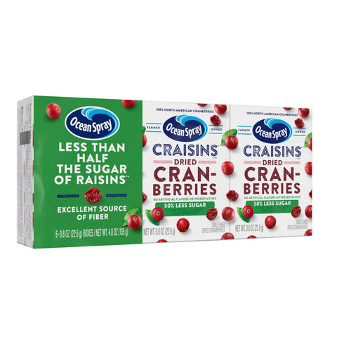 50% 0.8 Oz 6 Count (Pack 12) Ocean Spray Craisins, Less Sugar Dried Cranberries, Dried Fruit, Pouches