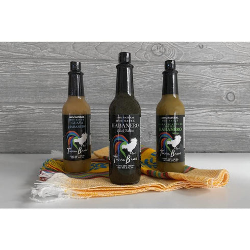 Set 3 5 oz Habanero Hot Sauce Trio & Servilleta Napkin, Tierra Brava by Verve CULTURE, of Different Flavors, Each
