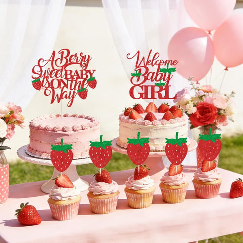 Red Glitter Berry Sweet Baby is on the Way Cake Topper - Strawberry Fruit Theme for Baby Shower & Gender Reveal
