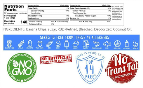 2 LBS 14 Gerbs Banana Chips Sweetened, Unsulfured & Preservative Free - Top Allergy Friendly & Non GMO - Product