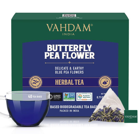 VAHDAM, Butterfly Pea Flower Tea Bags (40 Pyramid Teabags) Vegan, Non-GMO |