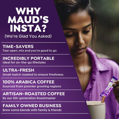 Maud's Half Caffeine Instant Coffee, 24 ct, 100% Arabica Medium Roast, Instant Hot or Iced Coffee - Just Add Water
