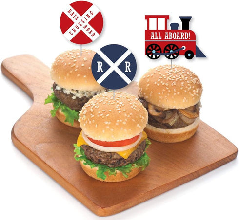 Set 24 Big Dot of Happiness Railroad Party Crossing - Dessert Cupcake Toppers - Steam Train Birthday Party or Baby