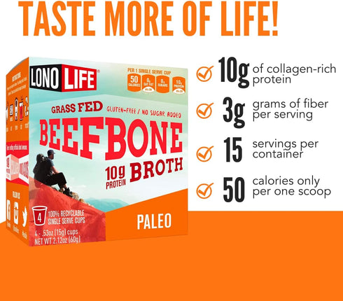 LonoLife Beef Bone Broth Powder Mix, Grass-Fed, 10g Protein, Collagen-Rich, Keto & Paleo Friendly, 10 Single-Serve Cups
