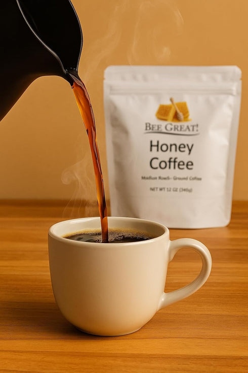 Bee Great 12 oz Honey Coffee, Ground Arabica Coffee Crafted with Honey, Smooth Low-Bitterness Coffee, Not Sweet, No