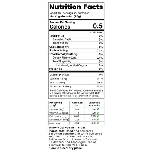 100% (7.05 (Pack 2)) SaltWise Salicornia White Salt Low Sodium Salt Substitute, Plant-Based Mineral Salt, Kosher