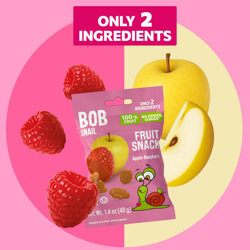 Gummy 12-Pack (480g), Bob Snail Fruit Bites Apple Raspberry flavor, Real Fruit Snacks with No Added Sugar, Vegan