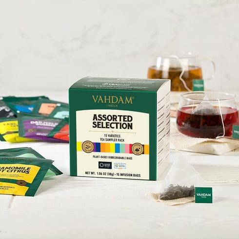 (15 Set VAHDAM, Assorted Tea Sampler Different Variety in Individually Wrapped Pyramid Tea Bags) Long Leaf Premium Teas