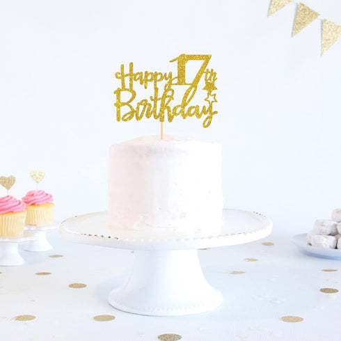 Gold Glitter Happy 17th Birthday Cake Topper - 17 Cake Topper for 17th Birthday Party Decorations