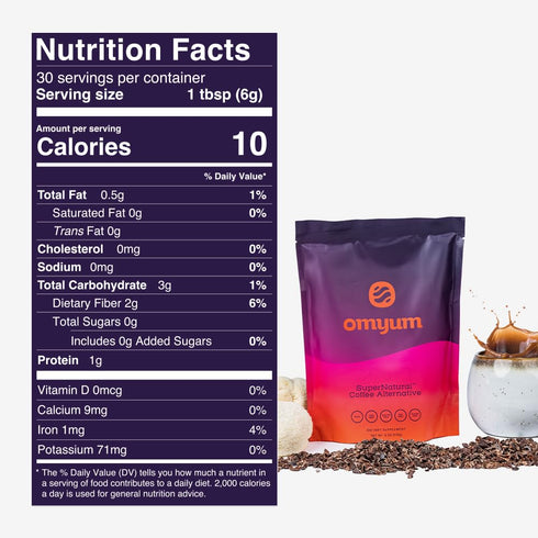 (30 OMYUM SuperNatural Coffee Alternative Servings) - Organic Superfood Adaptogen Mushroom Blend with Cacao, Lions