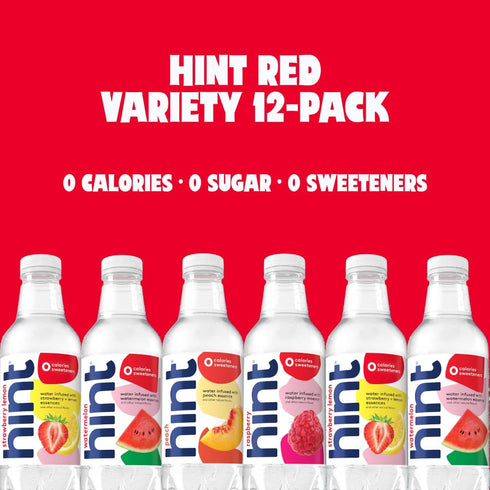 Pack 16 Oz (Pack 24) Hint Bottled Water, Red & White Variety Bundle - Purified Flavored Water with Zero Calories, Sugar