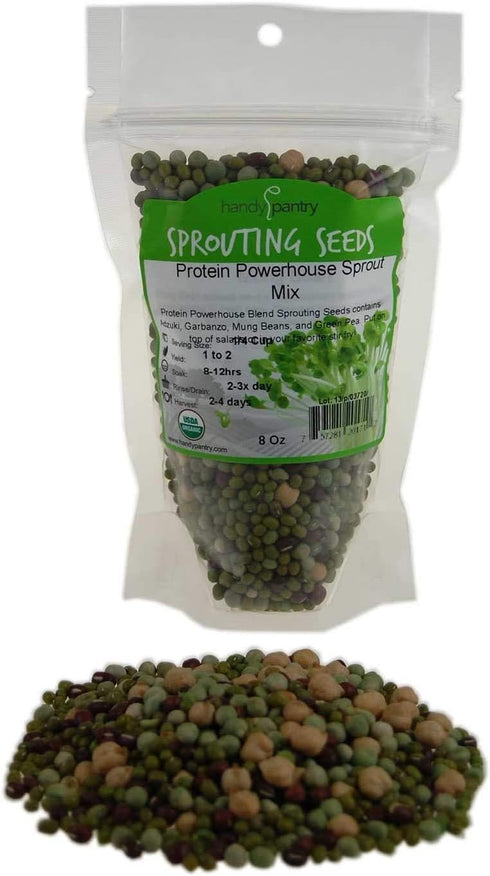 Protein Powerhouse Organic Non-GMO Sprouting Seed Mix, 8 Oz - High Protein Sprouts: Pea, Mung, Green Pea, Adzuki