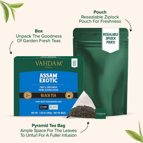 (100 Count) VAHDAM, Assam Exotic Black Tea Bags High Caffeine, Gluten Free, Full Bodied | Pyramid Tea Bags | Strong