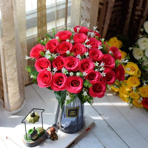 NURCIX 24 (24 Roses Bouquet Plant Simulation Flowers Western Bud Bud Roses Fake Flowers Wedding Hand Bouquet red