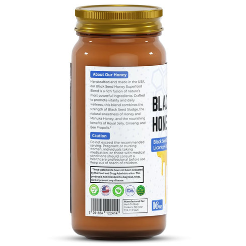 16oz Immune Herb To Body Black Seed Honey - Premium Superfood Blend with Organic Manuka Honey, Royal Jelly, Ginseng