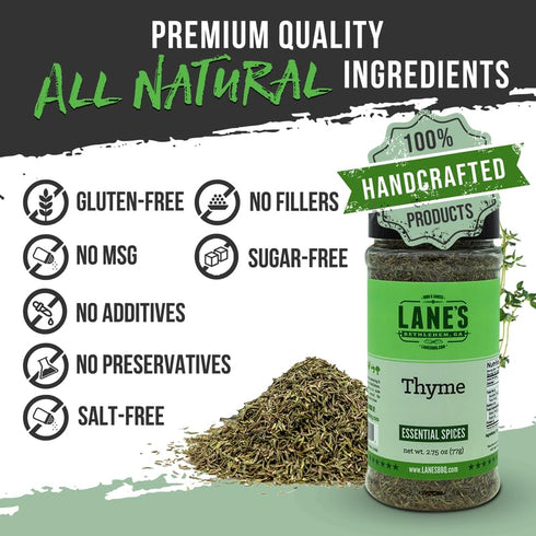 2.75 oz Lane's Thyme Seasoning, - Dried Thyme Leaves for Cooking, Herbaceous Aroma & Robust Flavor, Ideal for Roasts
