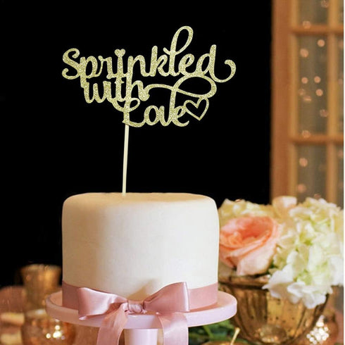 Sprinkled with Love Cake Topper for Baby Shower, Wedding, Birthday Party Decorations, Gold Glitter