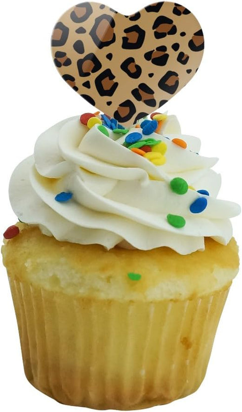 Set of 6 Leopard Print Animal Spots Heart Love Cupcake Picks Toppers Decoration