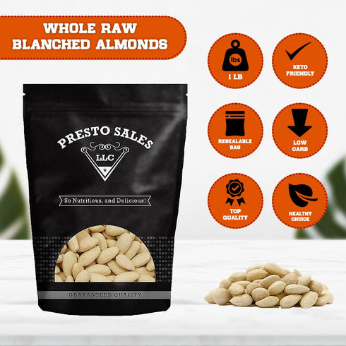 16 oz. 1 lb Presto Sales Whole Blanched Almonds Skinless Raw | Great for baking and decorations | Vegan, Non-GMO |