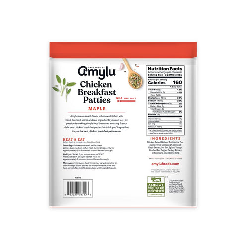 14g 12 oz Amylu Foods Chicken Sausage Breakfast Patties, Maple, Natural Ingredients, of Protein, GAP Chicken Raised