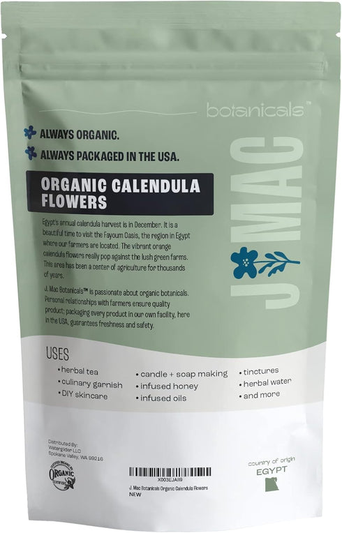 J Mac Botanicals Organic Calendula Flower (4 oz) - Whole Dried Flowers and Petals for Loose Leaf Tea