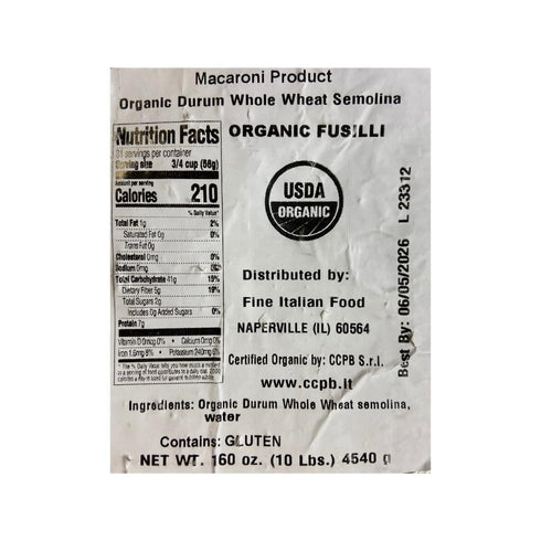 160 oz. (10 lbs.) (Pack 1), 100% Mantova Organic Durum Whole Wheat Fusilli Pasta, of Product of Italy, Traditional