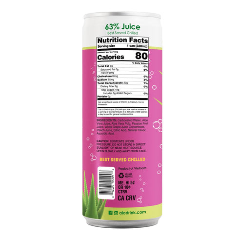 11.2 oz, Pack 6 ALO Sparkling Passion Fruit & Peach Carbonated Aloe Vera Juice Drink | fl of | Plant-Based Beverage