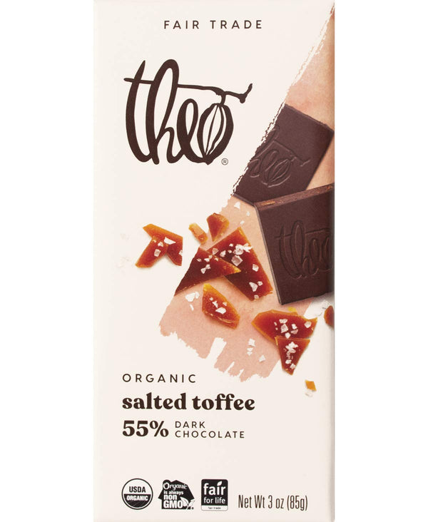 Theo Chocolate Salted Toffee Organic Dark Chocolate Bar, 55% Cacao, 6 Pack