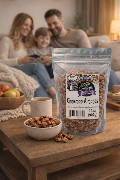 2 lb Royal Cravings - Cinnamon Almonds - Sweet & Salty Crunch Snack for Gifting, Sharing & Dessert Topping - Resealable