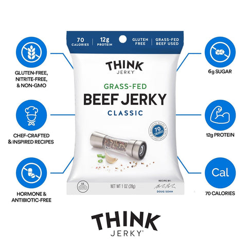 Pack, 1.0 oz 8 Pack, 2 Think Jerky Beef and Turkey Jerky Variety Classic, Sweet Chipotle, Sriracha Honey, Sesame