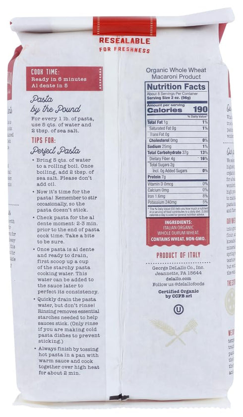 Elbows 52, 100% 16 oz (454 g)(Pack 4) DeLallo, No. Organic Whole Wheat Pasta
