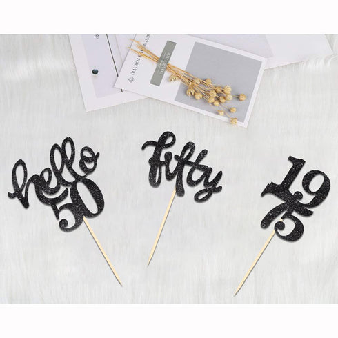 24 Pcs Black Glitter Cupcake Toppers for 50th Birthday Party Celebrations Decorations