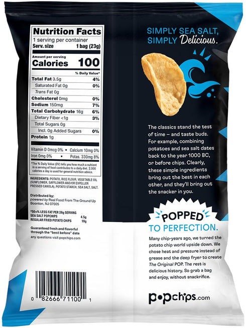 12ct 0.8oz 100 Popchips Potato Chips, Sea Salt, Single Serve Bags, Low-Calorie and Gluten Free, Salty Snacks for Adults
