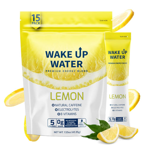 Wake Up Water - Energy + Hydration Sugar Free 15 Packet, Lemon Flavor Electrolytes Powder Drink, Gluten Free