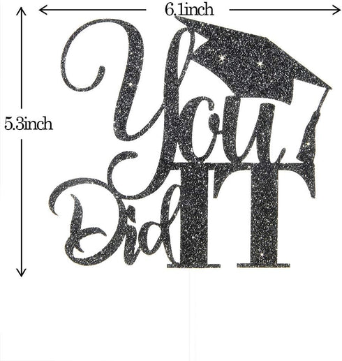 Black Glitter You Did It Cake Topper, Congrats Grad, High School College Graduation Party Decorations